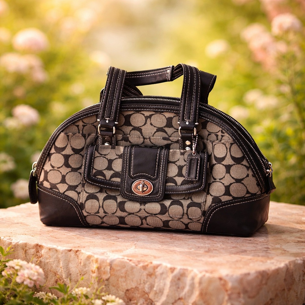 Coach F13977 Black and Tan Signature Satchel Vintage